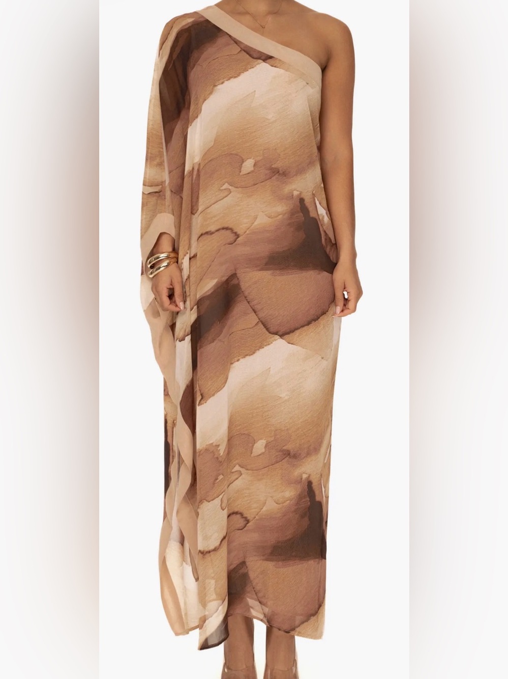 JLUXLABEL One-Shoulder Watercolor Maxi Dress in Beige and Brown
